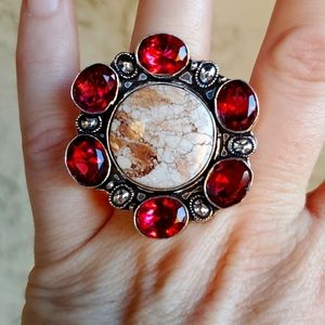 New Wild Horse & Garnet 925 Silver Statement Ring.